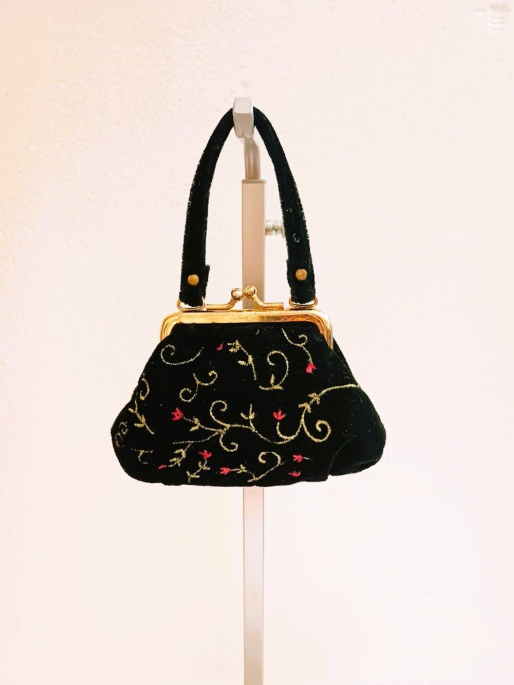 Black Velvet Floral Mini Coin Purse Embroidered Pink Floral with Vines